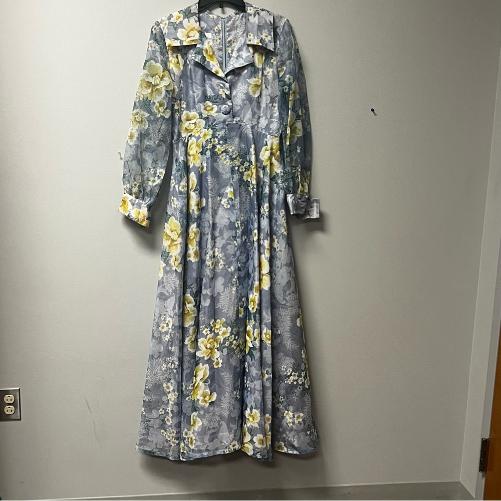 Vintage 1960’s Avalon Blue/Yellow Floral Chiffon Tea Length Dress Size 12